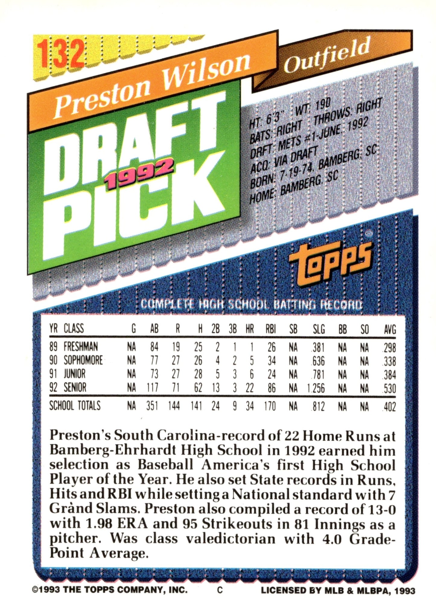 Preston Wilson 1993 Topps Gold Draft Pick #132 - Collector Store LLC
