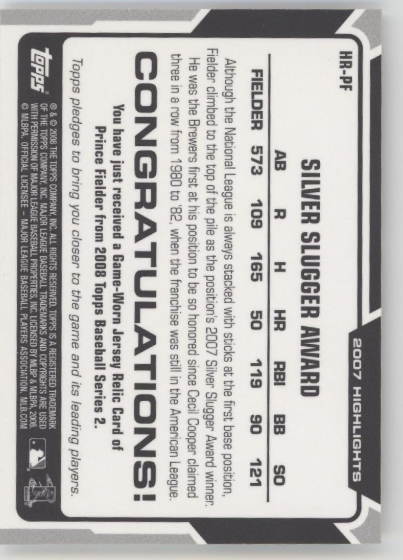 Prince Fielder 2008 Topps Highlights Silver Slugger Award Swatch #HR - PF - Collector Store LLC