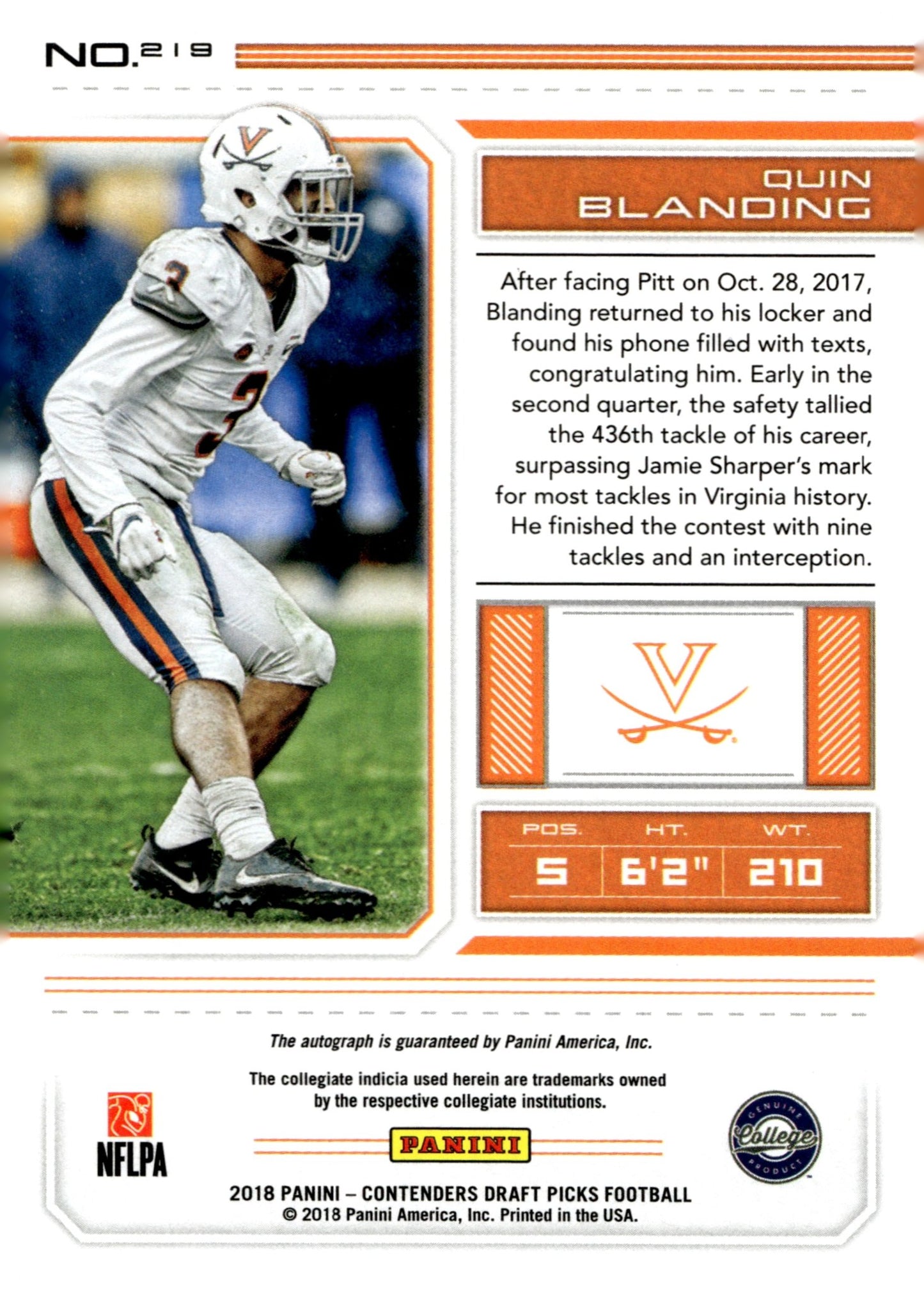 Quin Blanding 2018 Panini Contenders Draft Picks College Ticket RC Auto #219 - Collector Store LLC