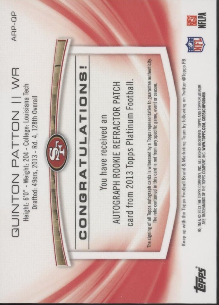 Quinton Patton 2013 Topps Platinum Swatch RC Auto 0210/1000 #ARP - QP - Collector Store LLC