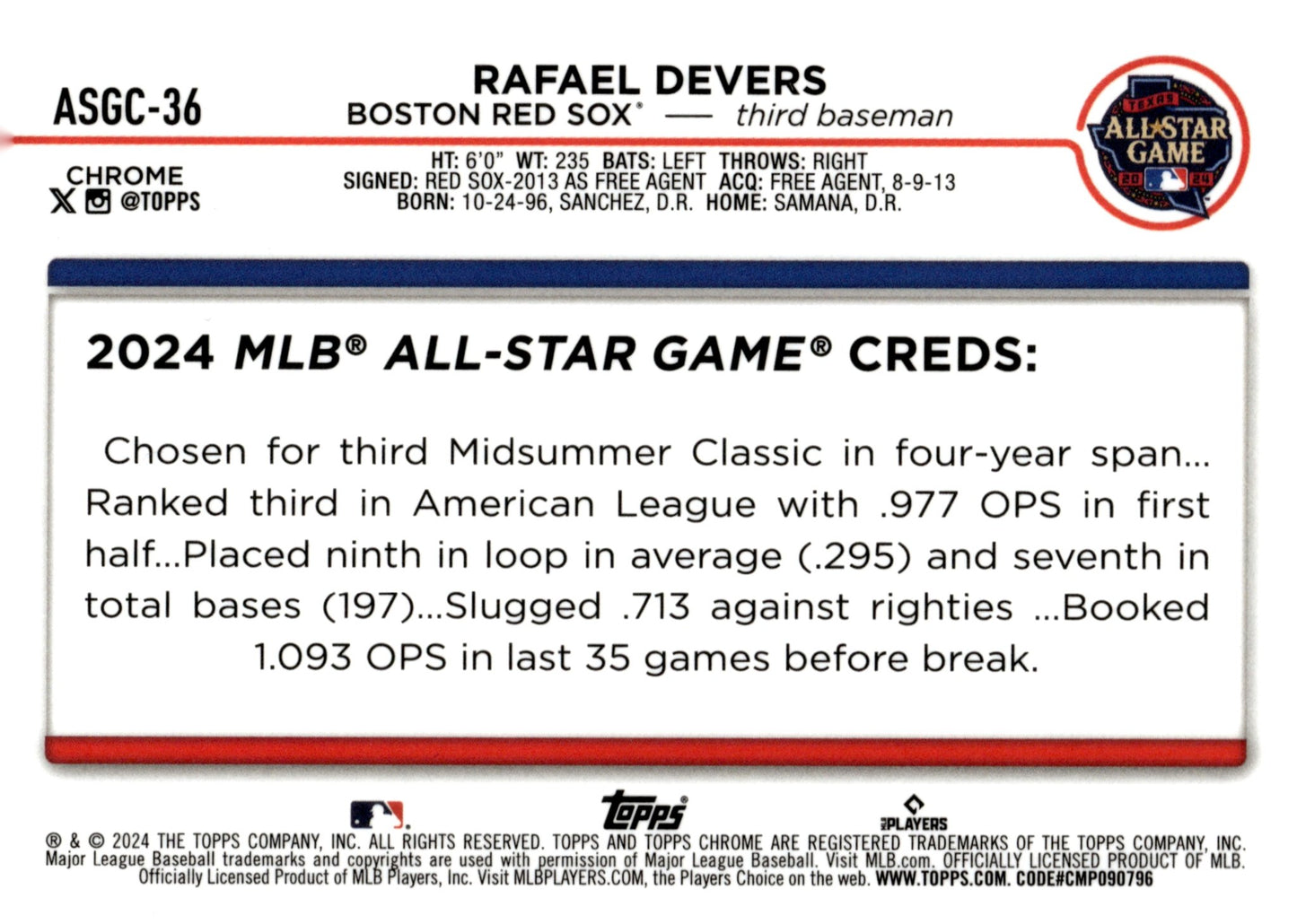Rafael Devers 2024 Topps Chrome All Star Game Refractor #ASGC - 36 - Collector Store LLC