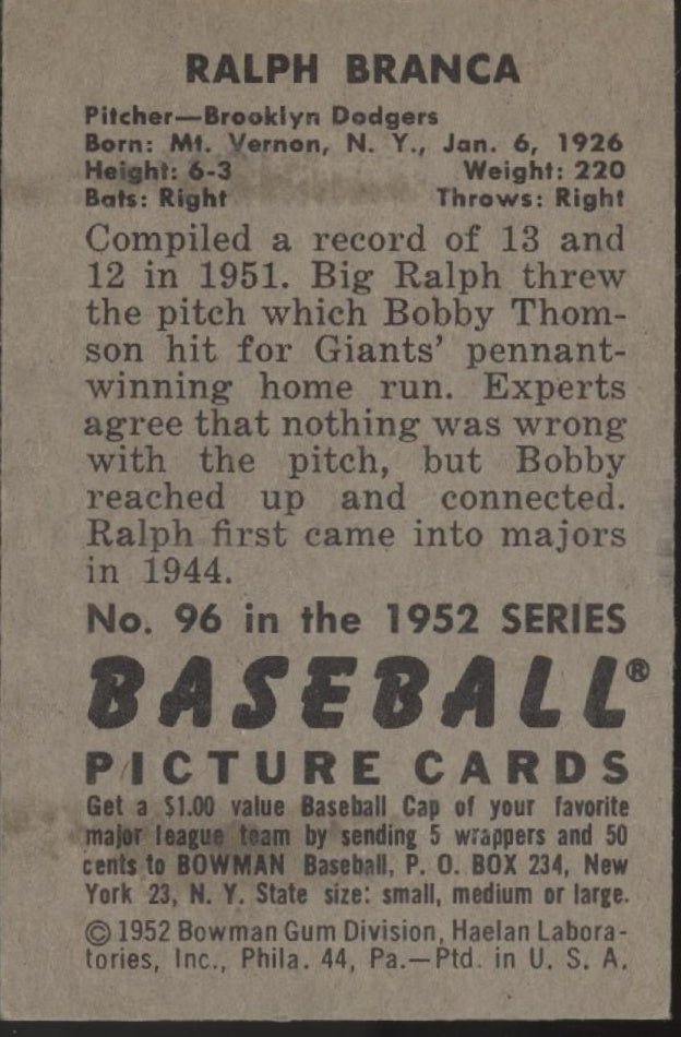 Ralph Branca 1952 Bowman 96 Brooklyn Dodgers VG - Collector Store LLC