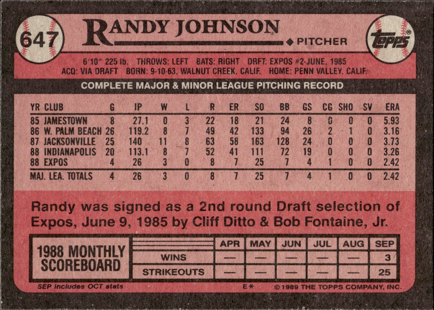 Randy Johnson 1989 Topps RC #647 - Collector Store LLC