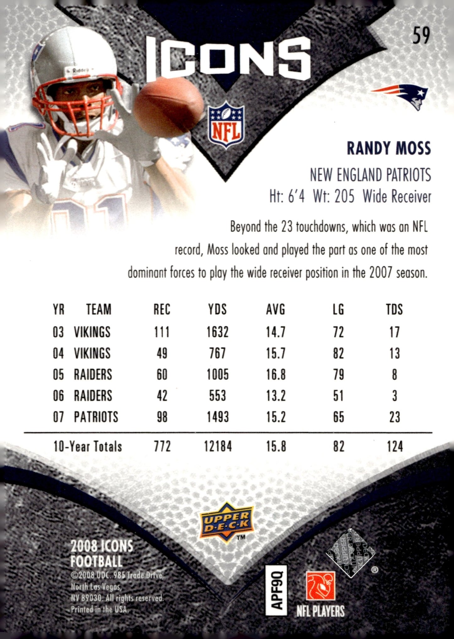 Randy Moss 2008 Upper Deck Icons #59 - Collector Store LLC