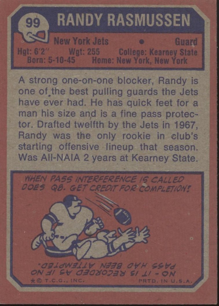 Randy Rasmussen 1973 Topps RC #99 New York Jets EX - Collector Store LLC