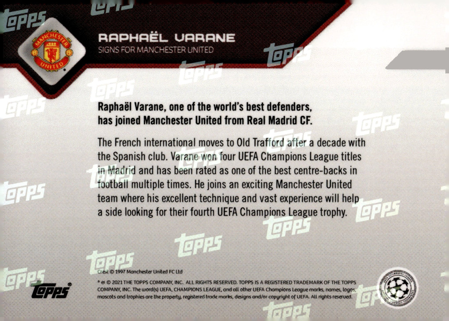 Raphael Varane 2021 - 22 Topps Now UEFA Champions League #004 #1 - Collector Store LLC