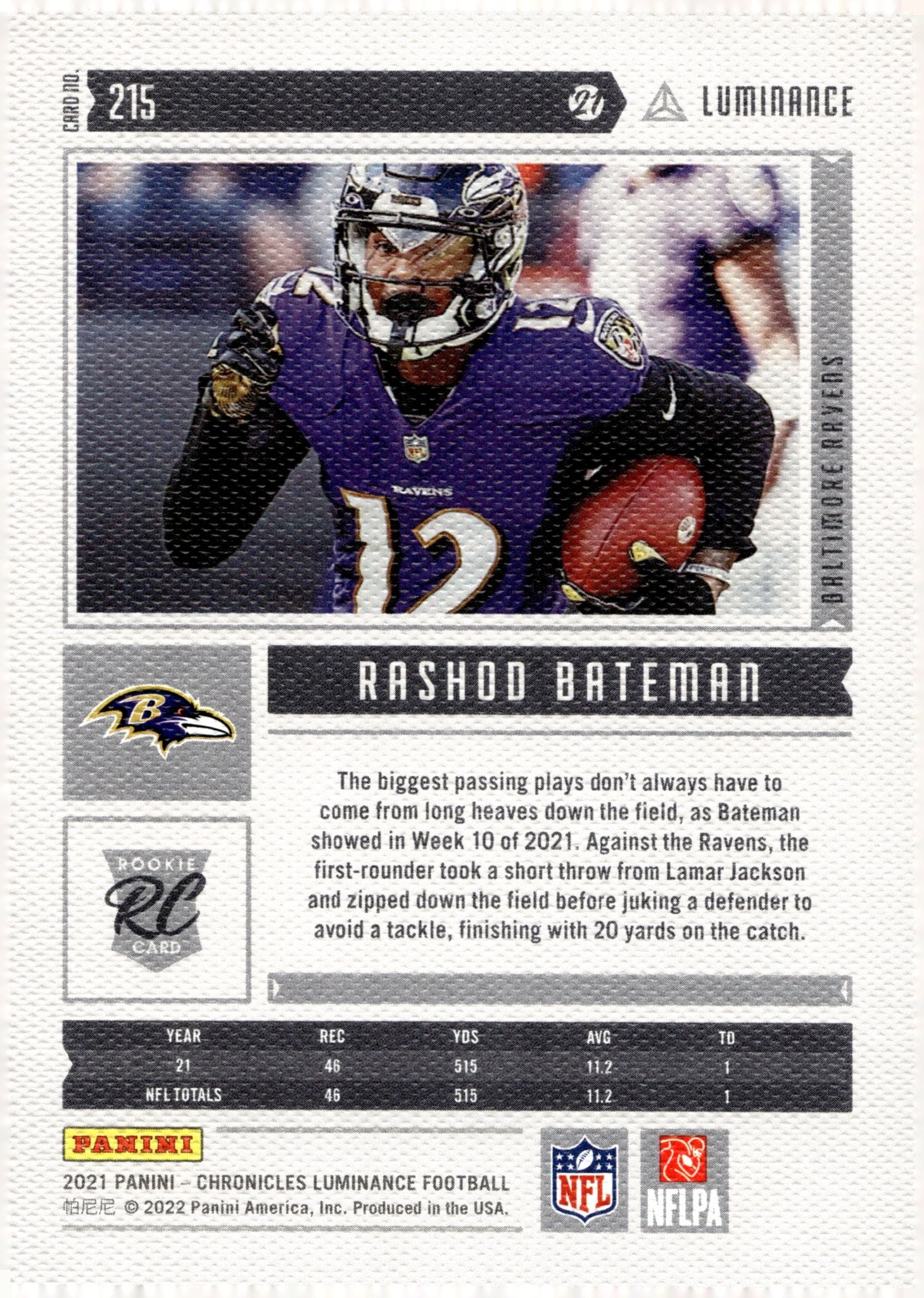 Rashod Bateman 2021 Panini Chronicles Luminance RC #215 - Collector Store LLC