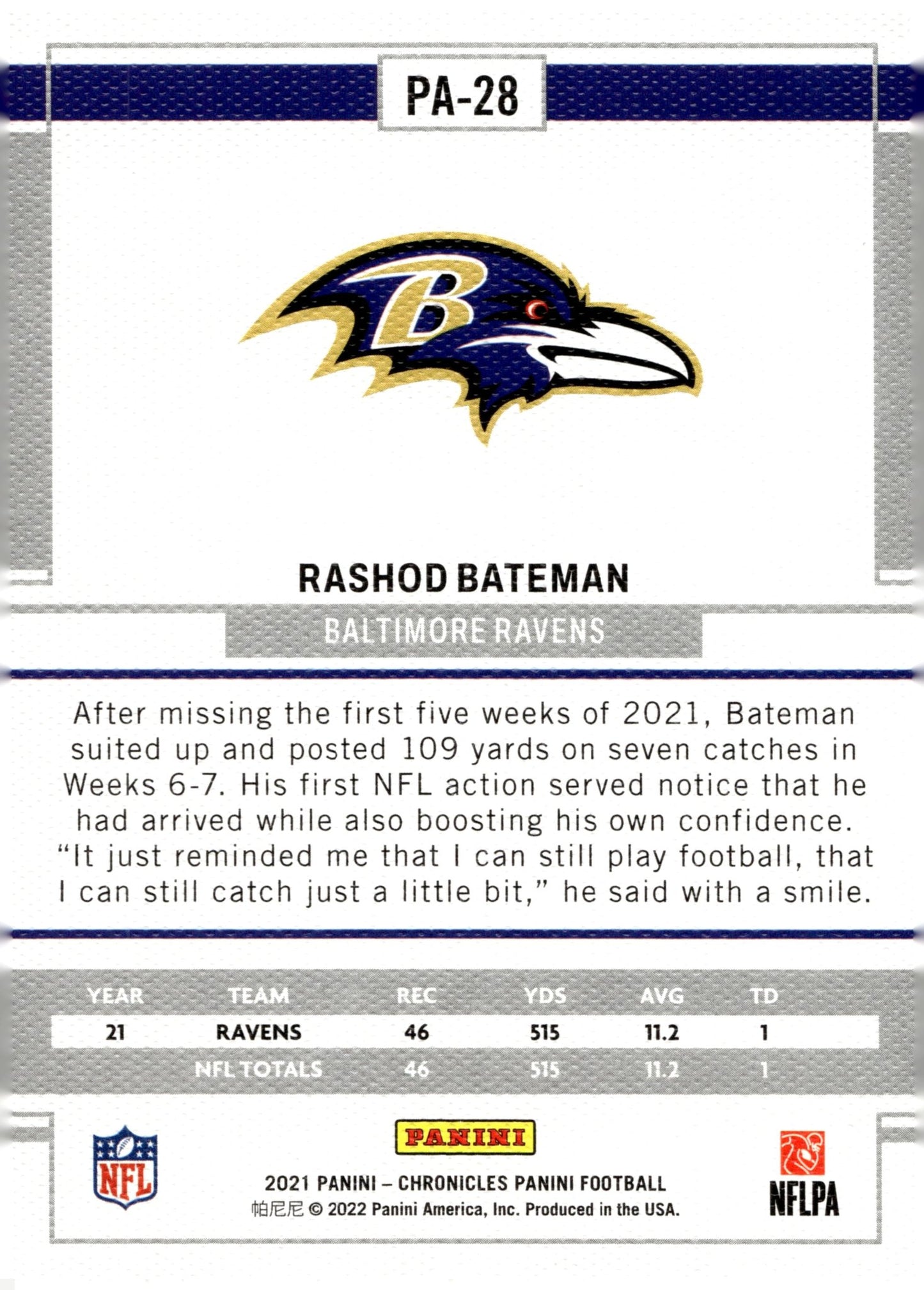 Rashod Bateman 2021 Panini Chronicles Panini RC #PA - 28 - Collector Store LLC