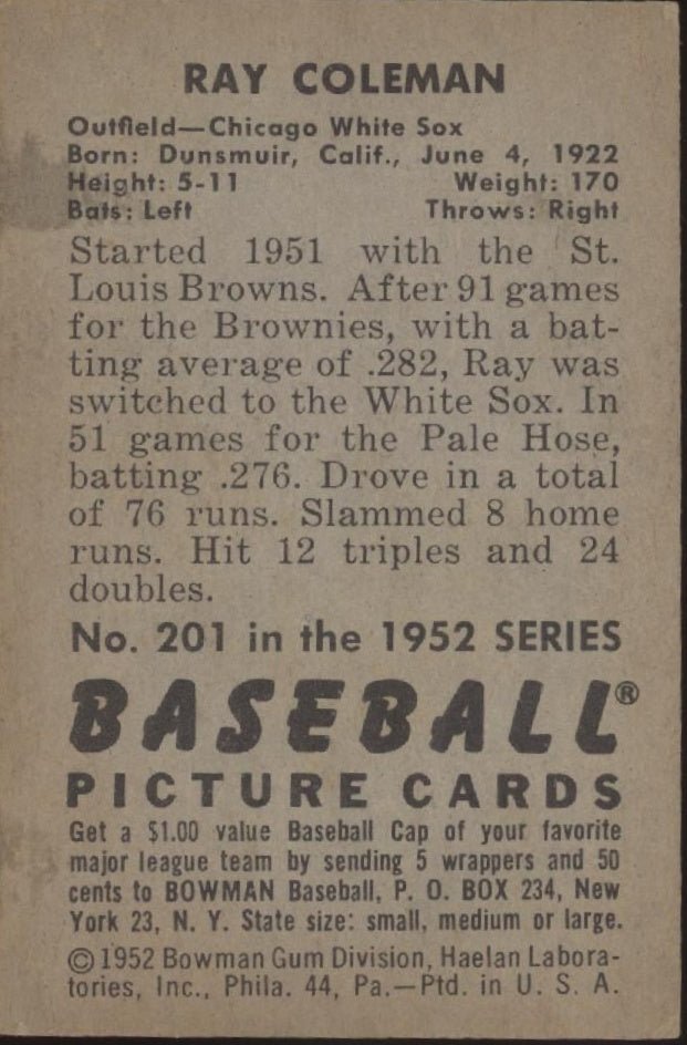 Ray Coleman 1952 Bowman #201 Chicago White Sox VG - Collector Store LLC