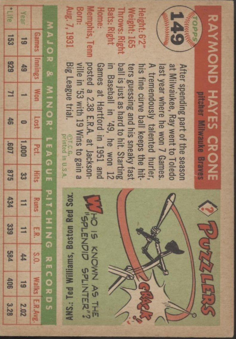 Ray Crone 1955 Topps #149 Milwaukee Braves VG - Collector Store LLC