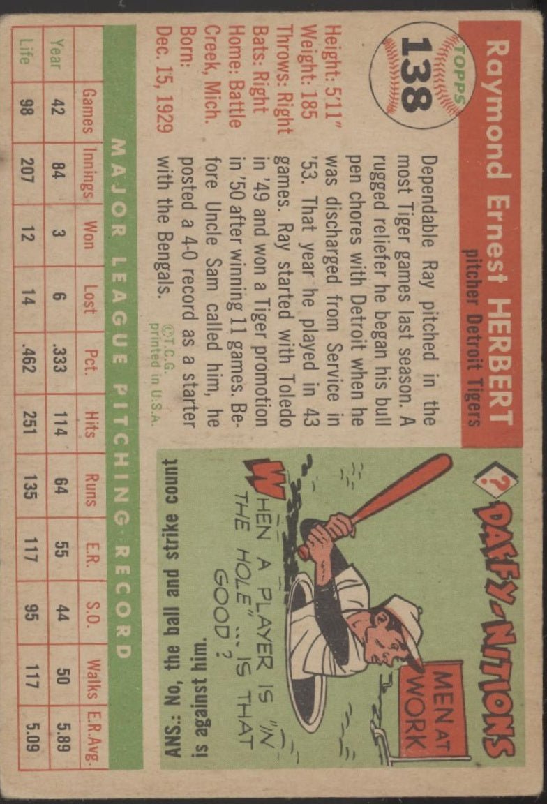 Ray Herbert 1955 Topps #138 Detroit Tigers VG #2 - Collector Store LLC