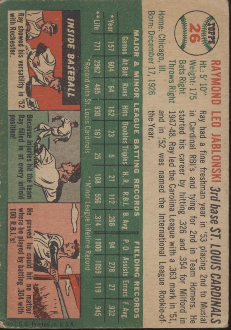 Ray Jablonski 1954 Topps #26 St. Louis Cardinals VG - Collector Store LLC