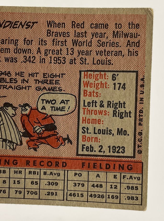 Red Schoendienst 1958 Topps #190 Milwaukee Braves PR - Collector Store LLC