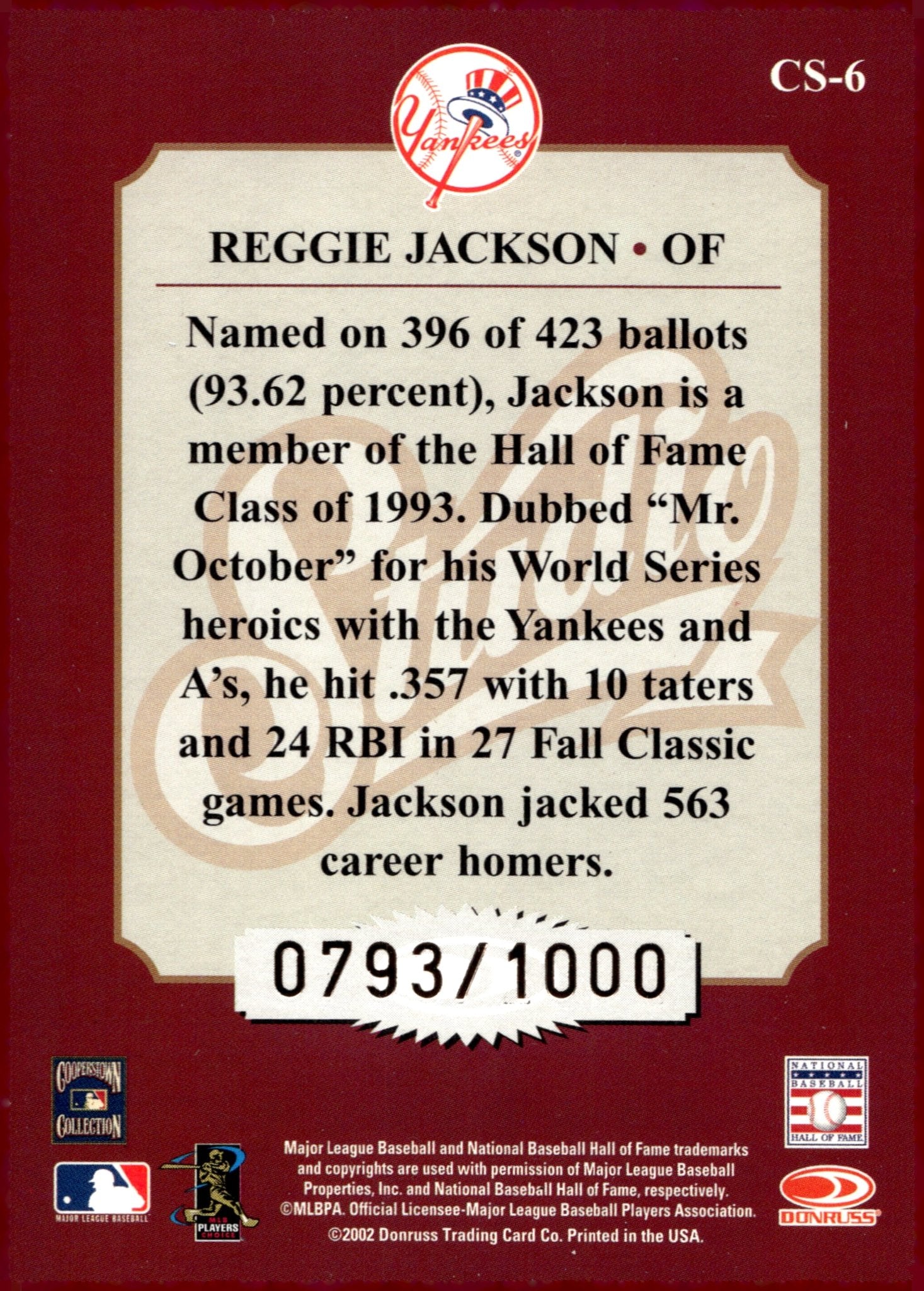 Reggie Jackson 2002 Donruss Classic Studio 0793/1000 #SC - 6 - Collector Store LLC