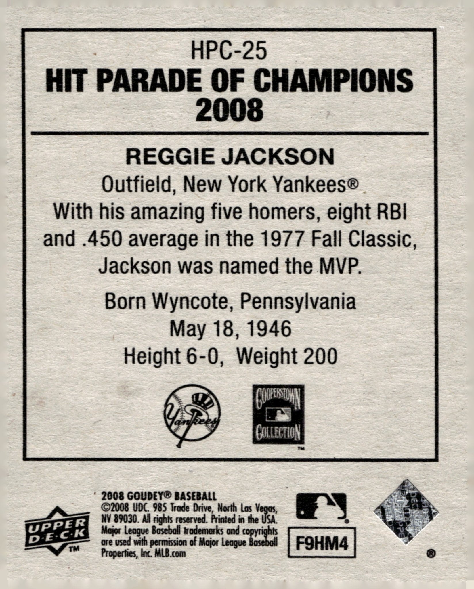 Reggie Jackson 2008 Upper Deck Goudey Hit Parade of Champions #HPC - 25 - Collector Store LLC