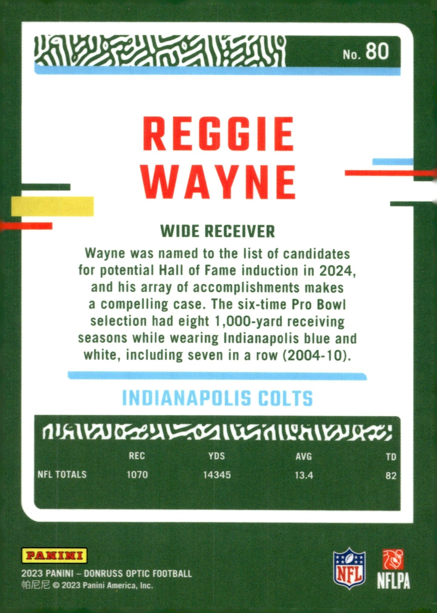Reggie Wayne 2023 Panini Donruss Optic #80 - Collector Store LLC