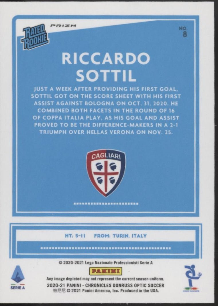 Riccardo Sottil 2020 - 21 Chronicles Donruss Optic Rated Gold Checker Prizm RC #8 - Collector Store LLC