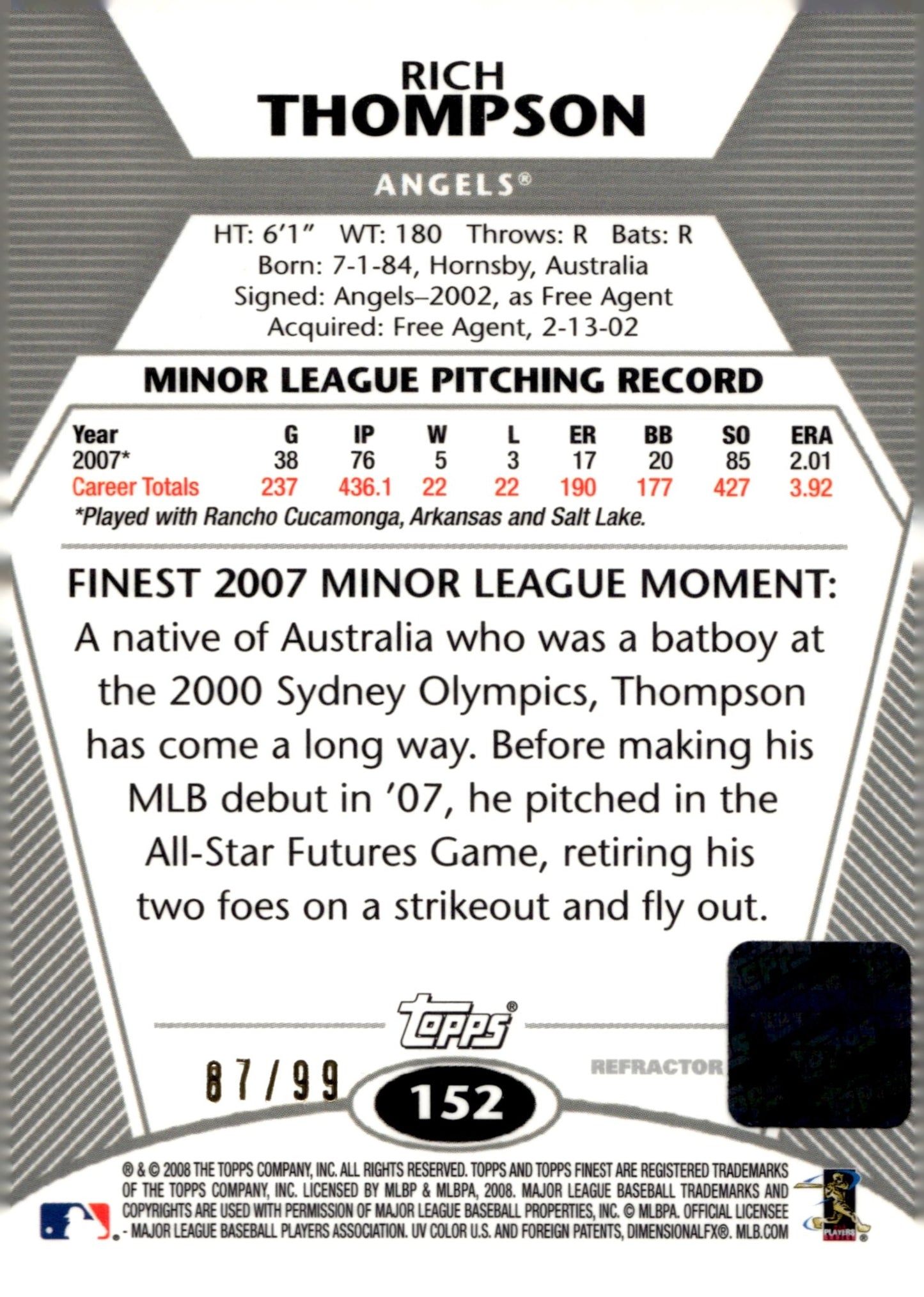 Rich Thompson 2008 Topps Finest RC Auto 87/99 #152 - Collector Store LLC