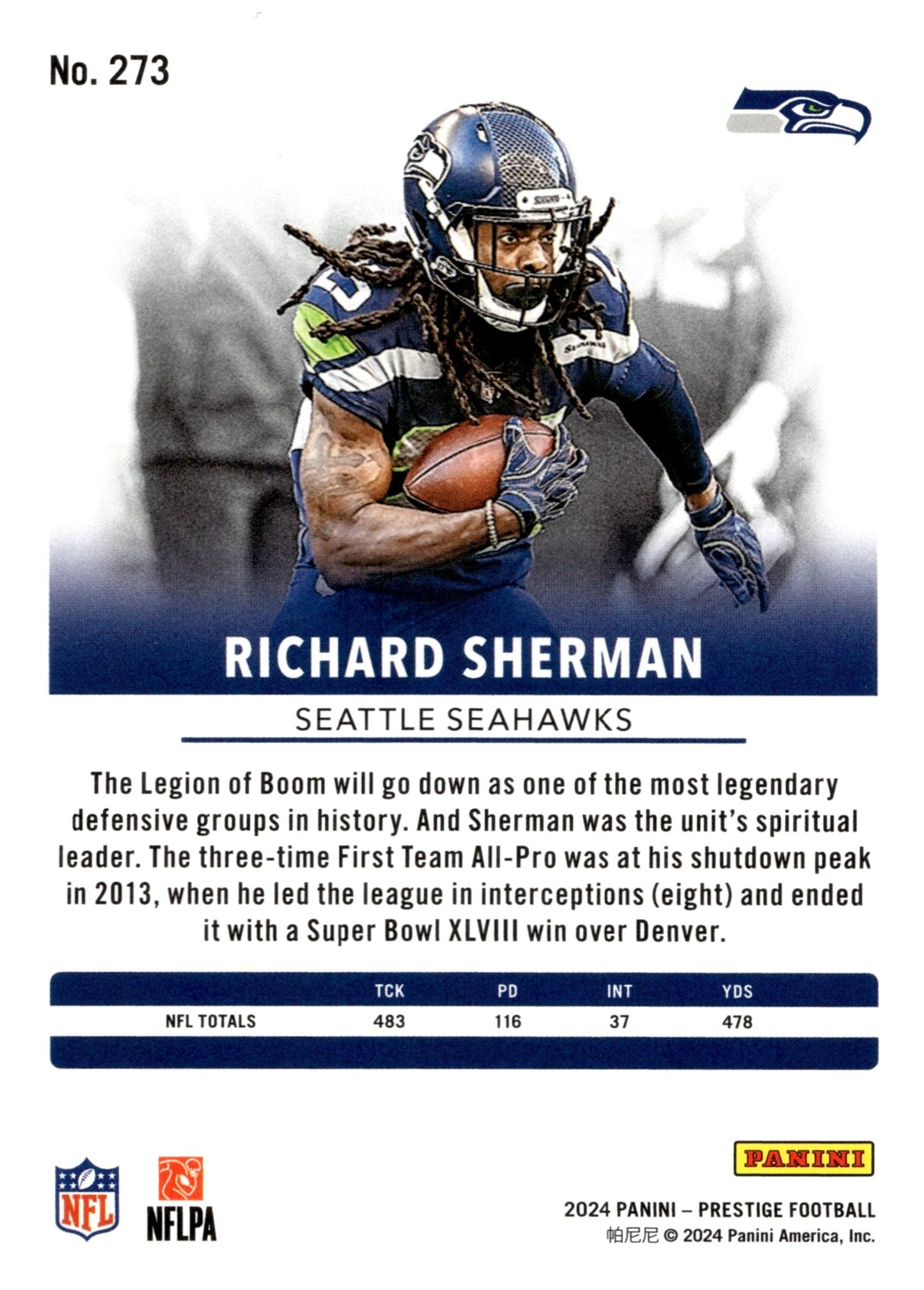 Richard Sherman 2024 Panini Prestige Xtra Points Blue 261/599 #273 - Collector Store LLC