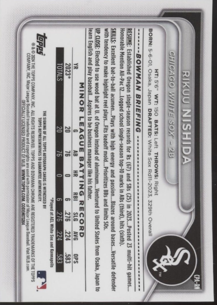 Rikuu Nishida 2024 Bowman Chrome Green Refractor Auto 69/99 #CPA - RN - Collector Store LLC