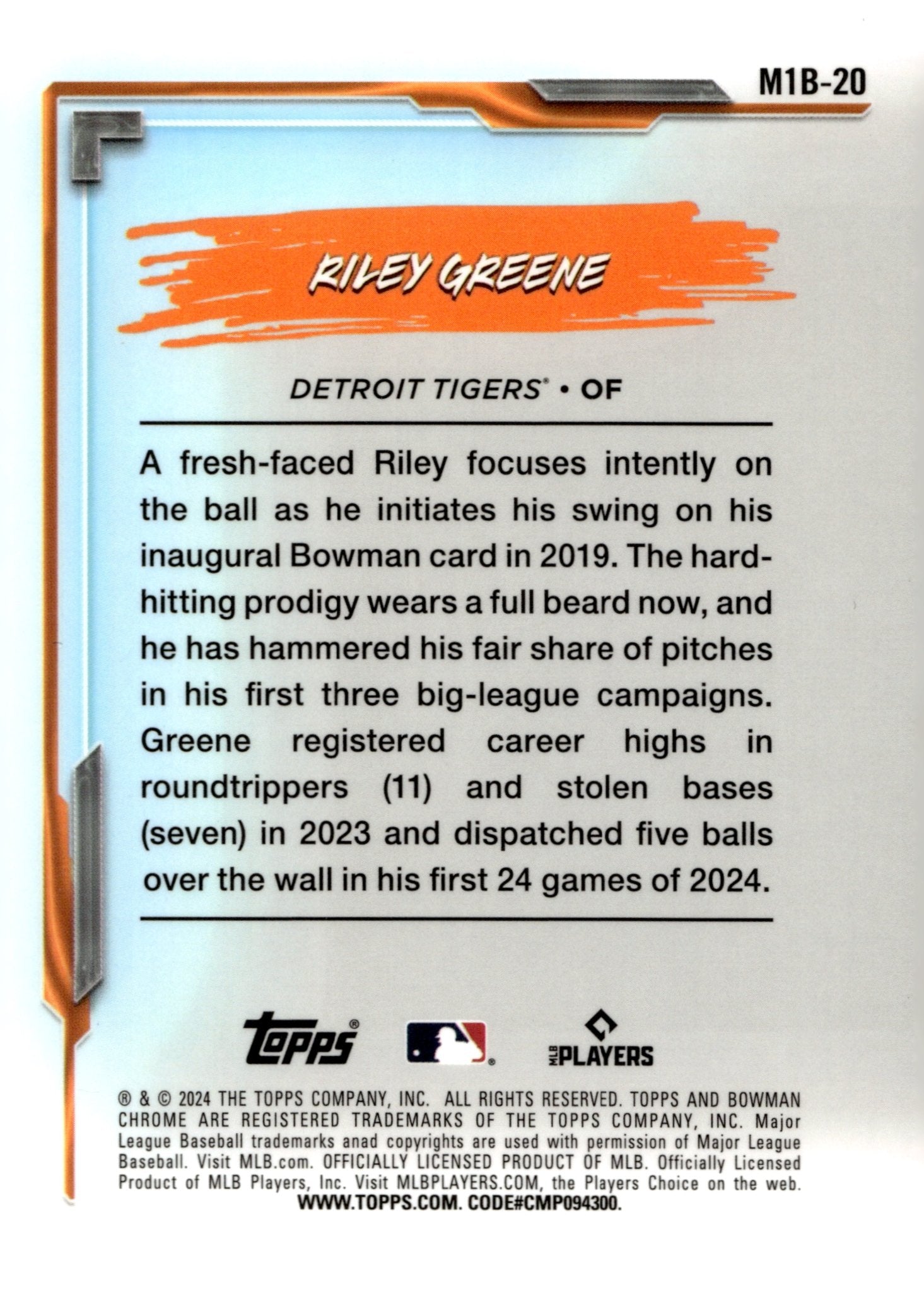 Riley Greene 2024 Bowman Chrome My 1st Bowman Mojo Refractor #M1B - 20 #1 - Collector Store LLC