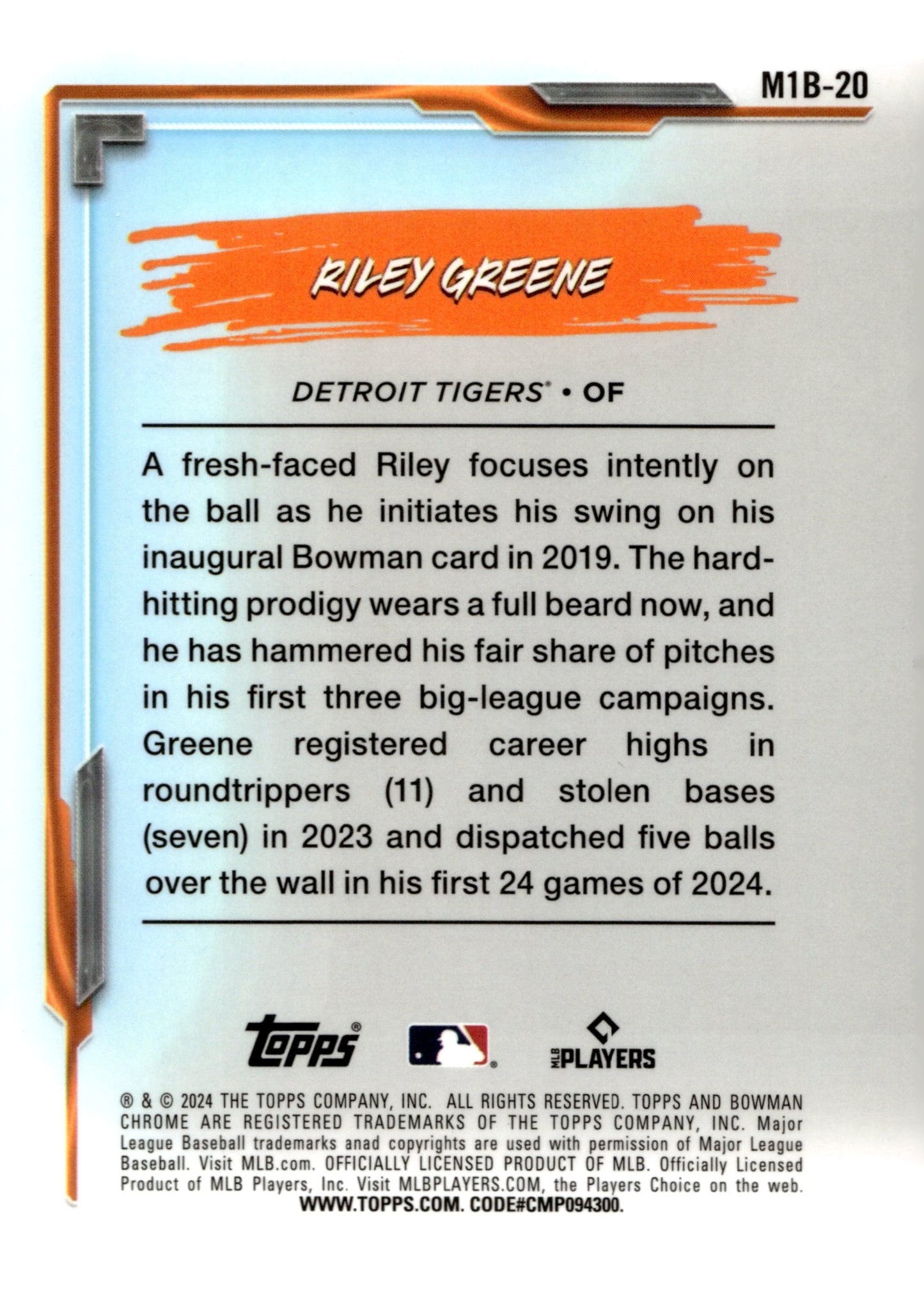 Riley Greene 2024 Bowman Chrome My 1st Bowman Mojo Refractor #M1B - 20 #2 - Collector Store LLC