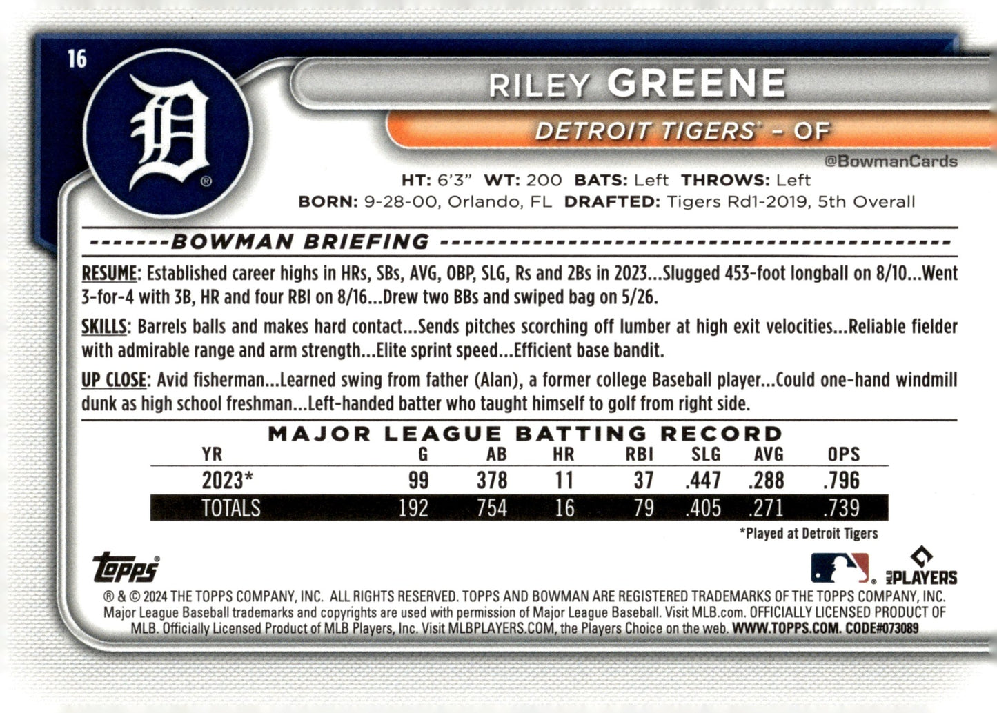 Riley Greene 2024 Bowman Sky Blue 375/499 #16 - Collector Store LLC