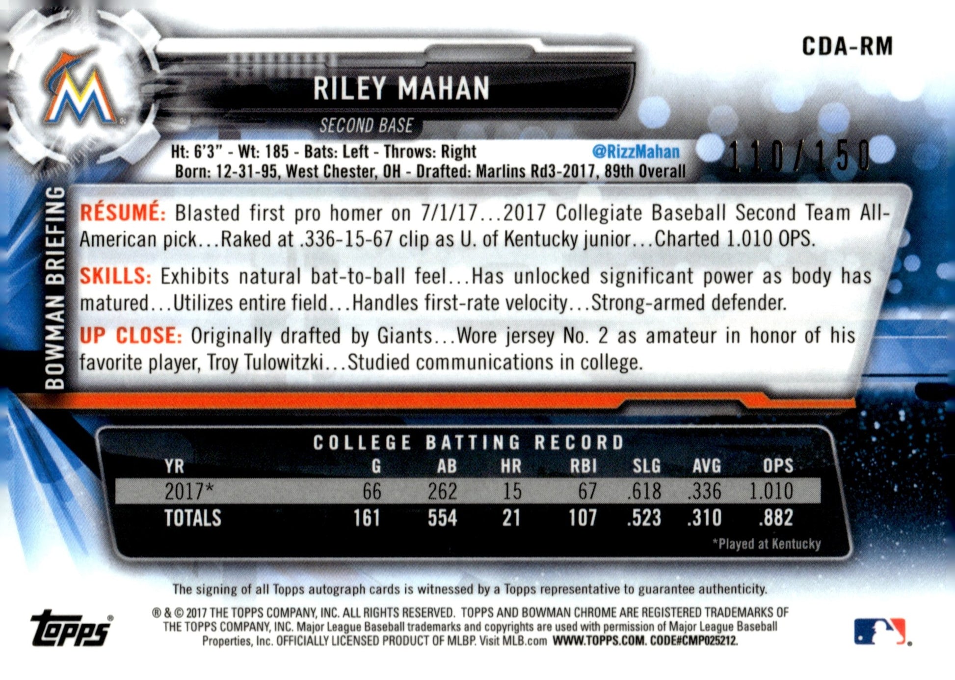 Riley Mahan 2017 Bowman Chrome Blue Refractor Auto 110/150 #CDA - RM - Collector Store LLC