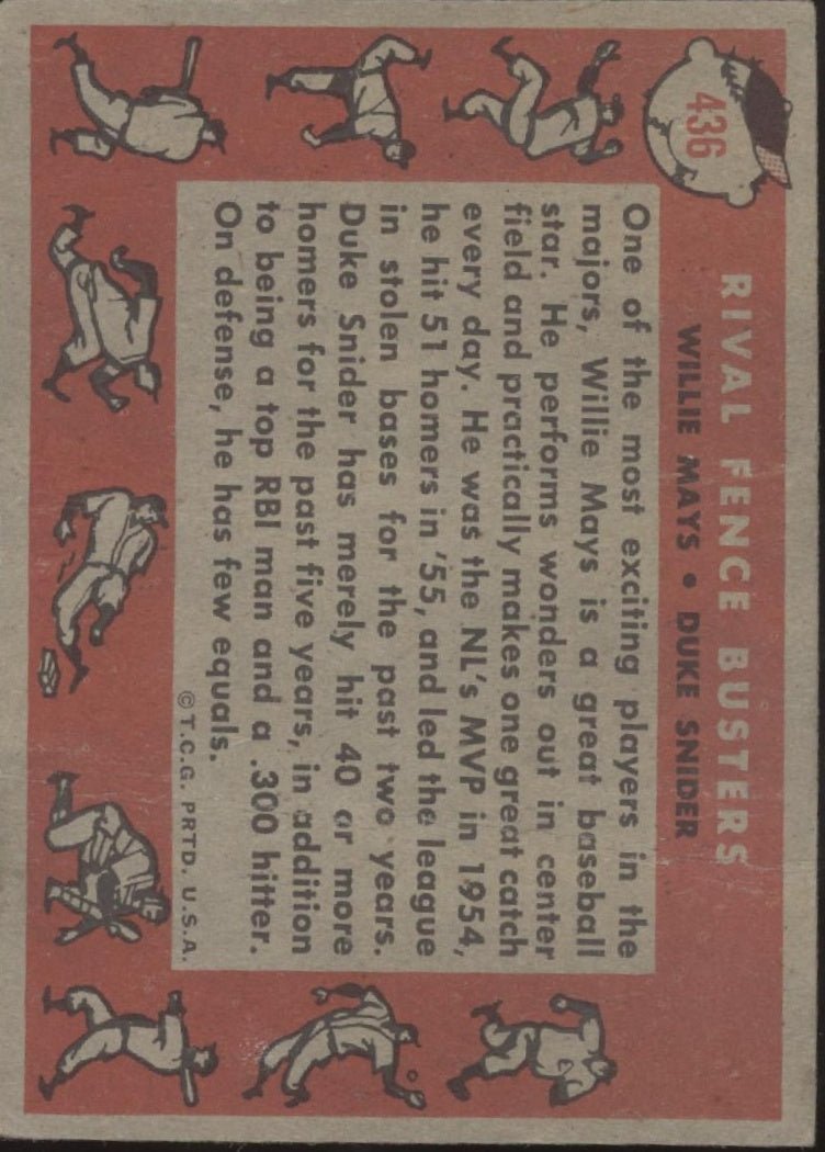 Rival Fence Busters 1958 Topps Willie Mays / Duke Snider #436 PR - Collector Store LLC