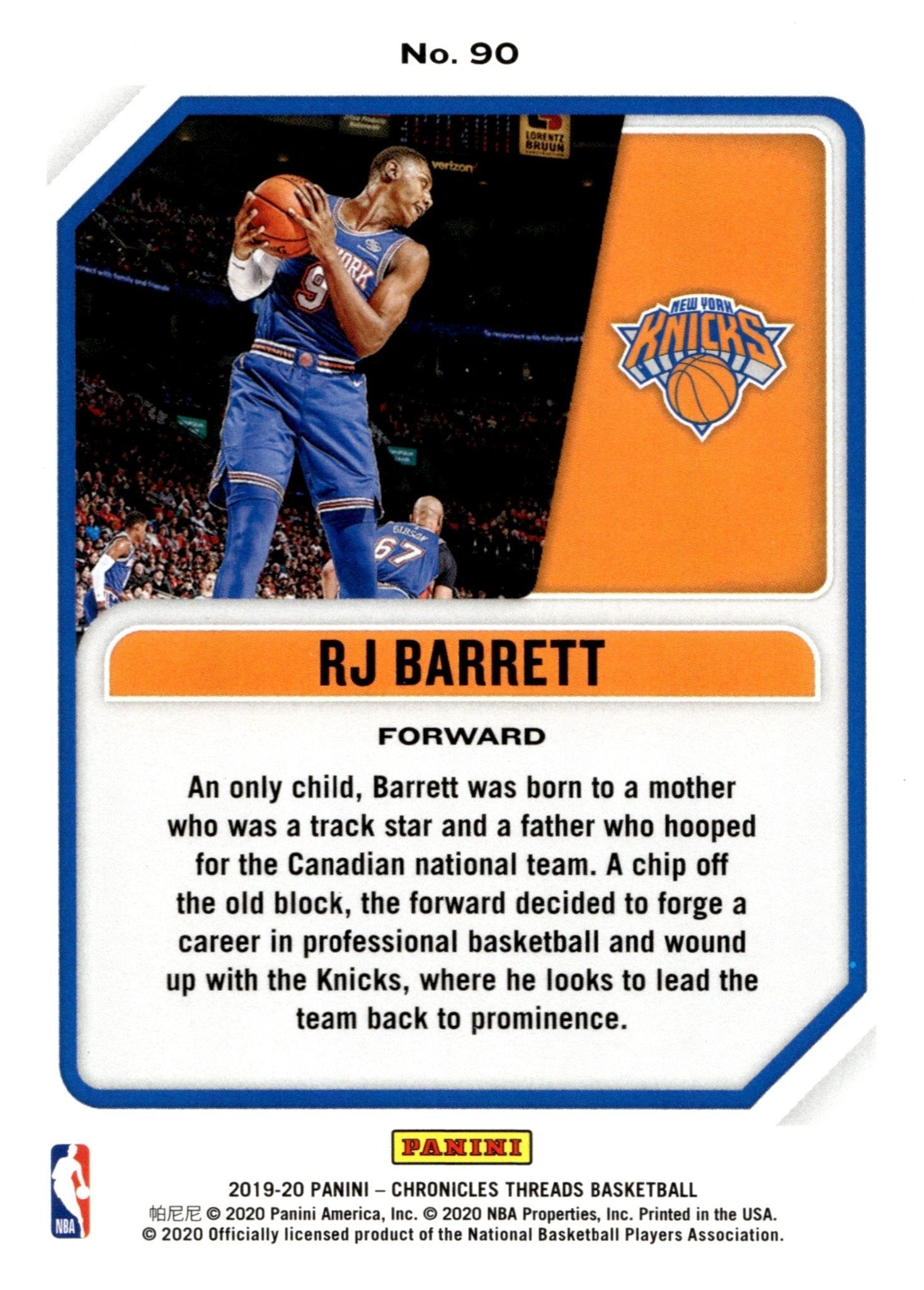 RJ Barrett 2019 - 20 Panini Chronicles Threads RC #90 - Collector Store LLC