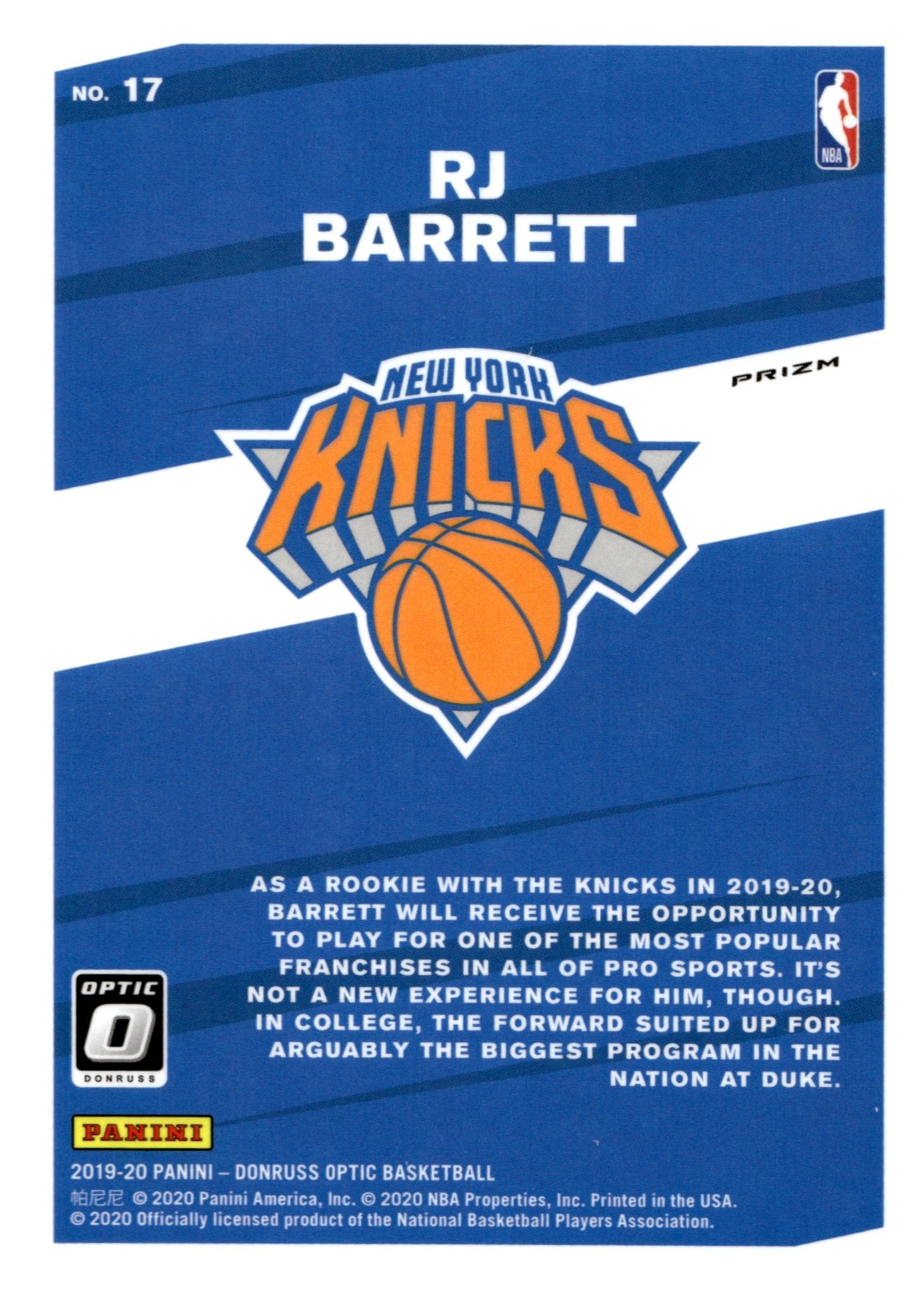 RJ Barrett 2019 - 20 Panini Donruss Optic My House! Prizm #17 - Collector Store LLC