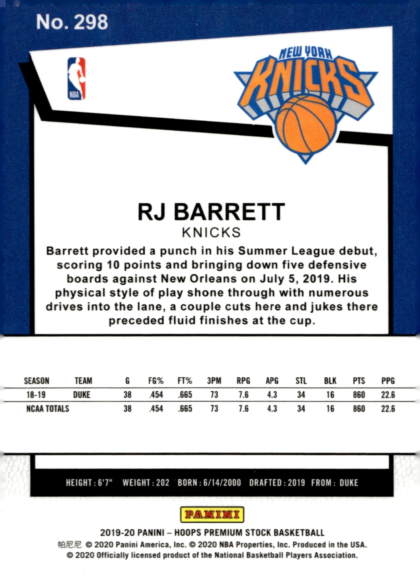 RJ Barrett 2019 - 20 Panini Hoops Premium Stock RC #298 - Collector Store LLC