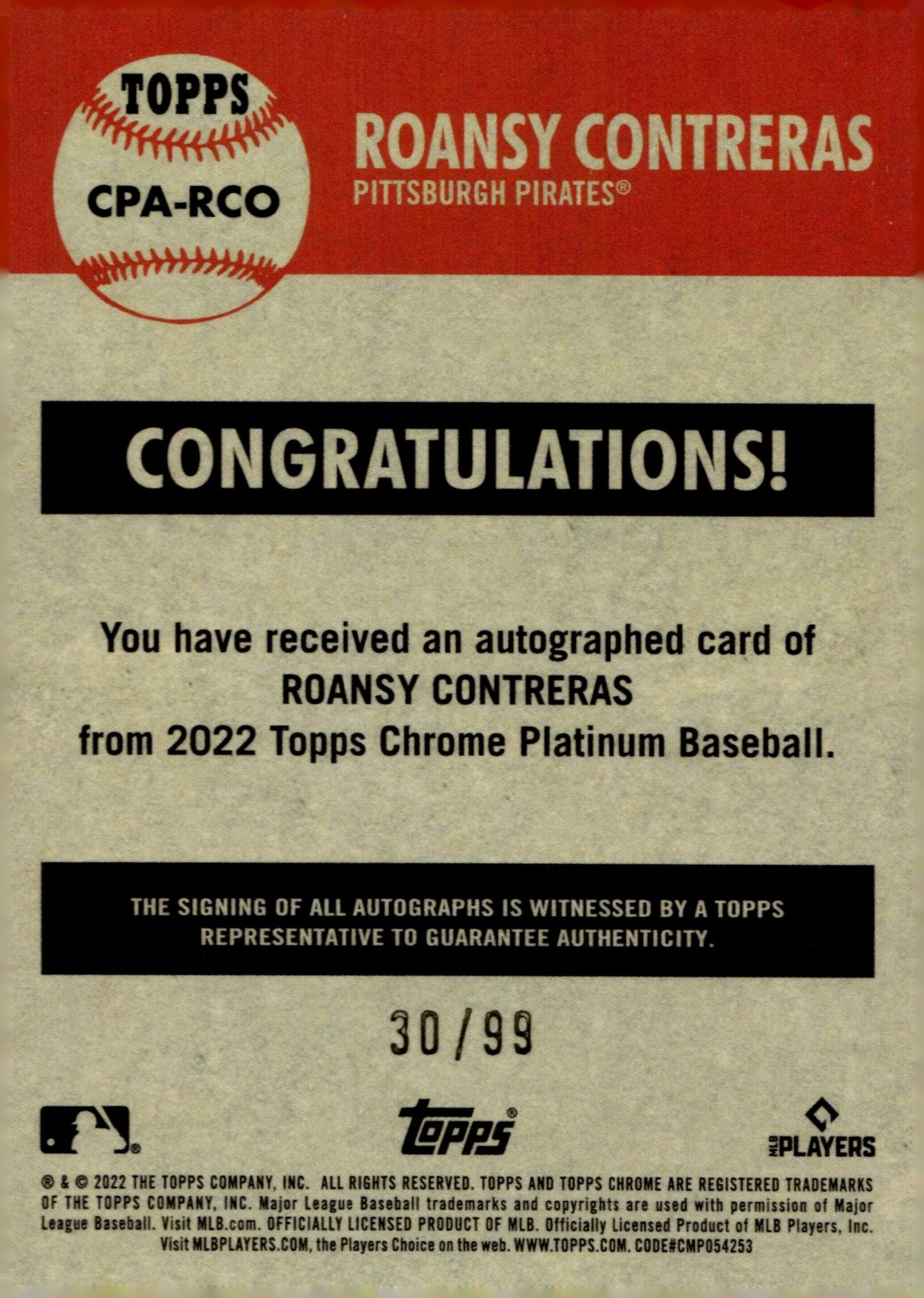 Roansy Contreras 2022 Topps Chrome Platinum Blue Hyper Refractor RC Auto 30/99 - Collector Store LLC
