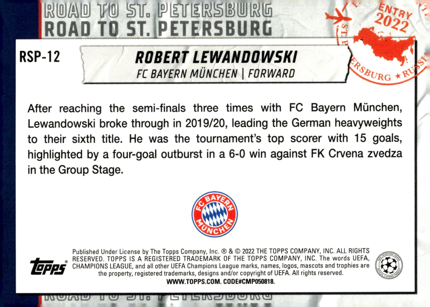 Robert Lewandowski 2021 - 22 Topps UEFA Champions League #RSP - 12 - Collector Store LLC