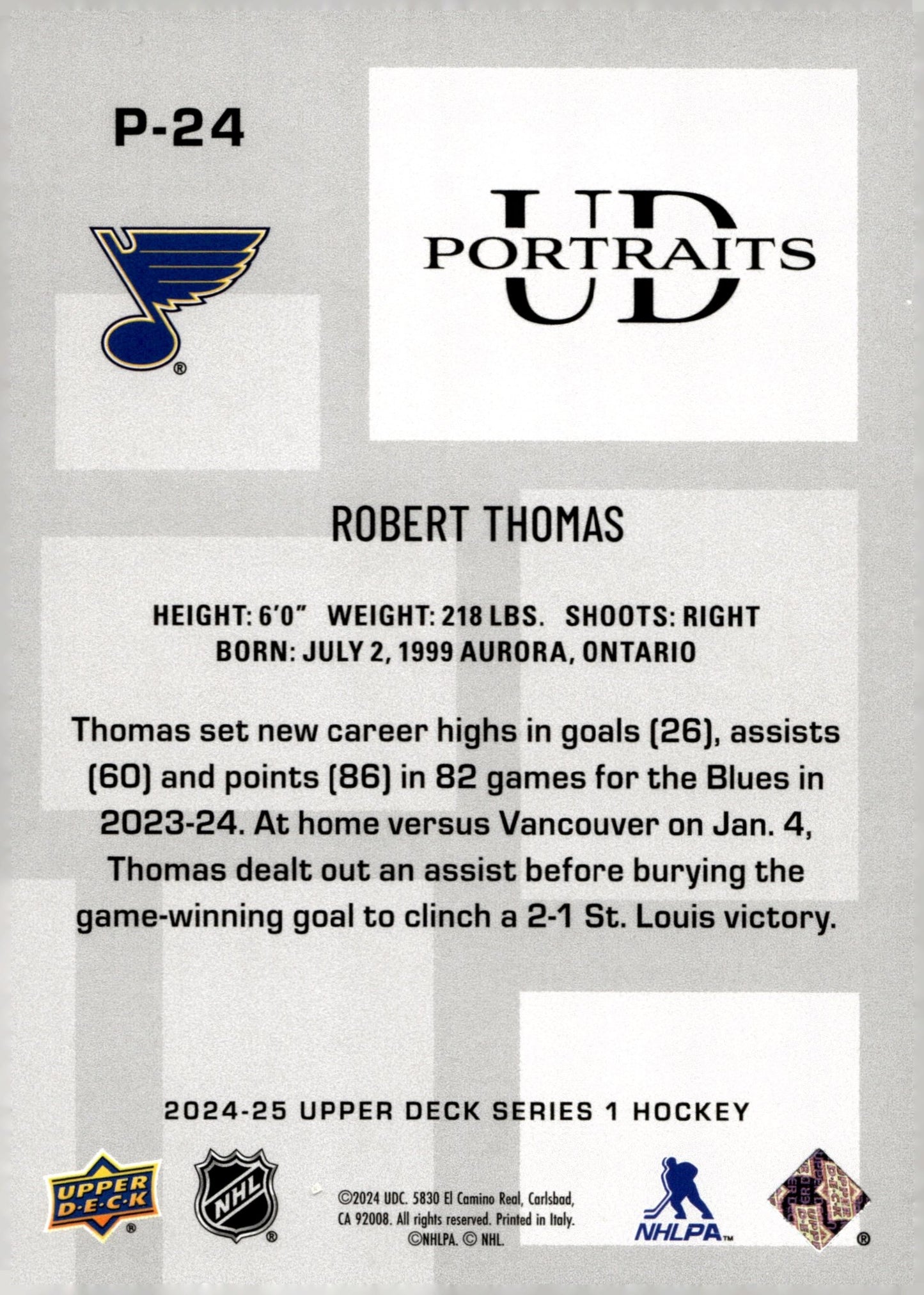 Robert Thomas 2024 - 25 Upper Deck Series 1 Portraits #P - 24 - Collector Store LLC