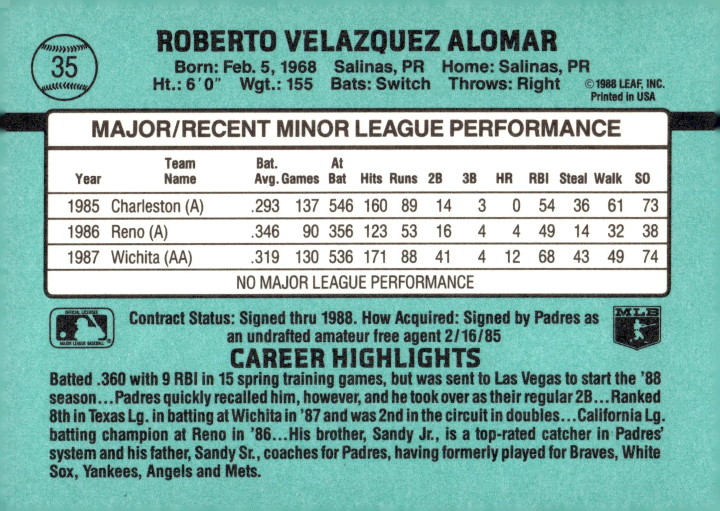 Roberto Alomar 1988 Donruss The Rookies RC #35 - Collector Store LLC