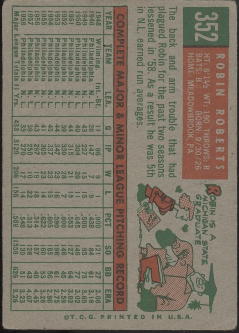 Robin Roberts 1959 Topps #352 Philadelphia Phillies GD - Collector Store LLC