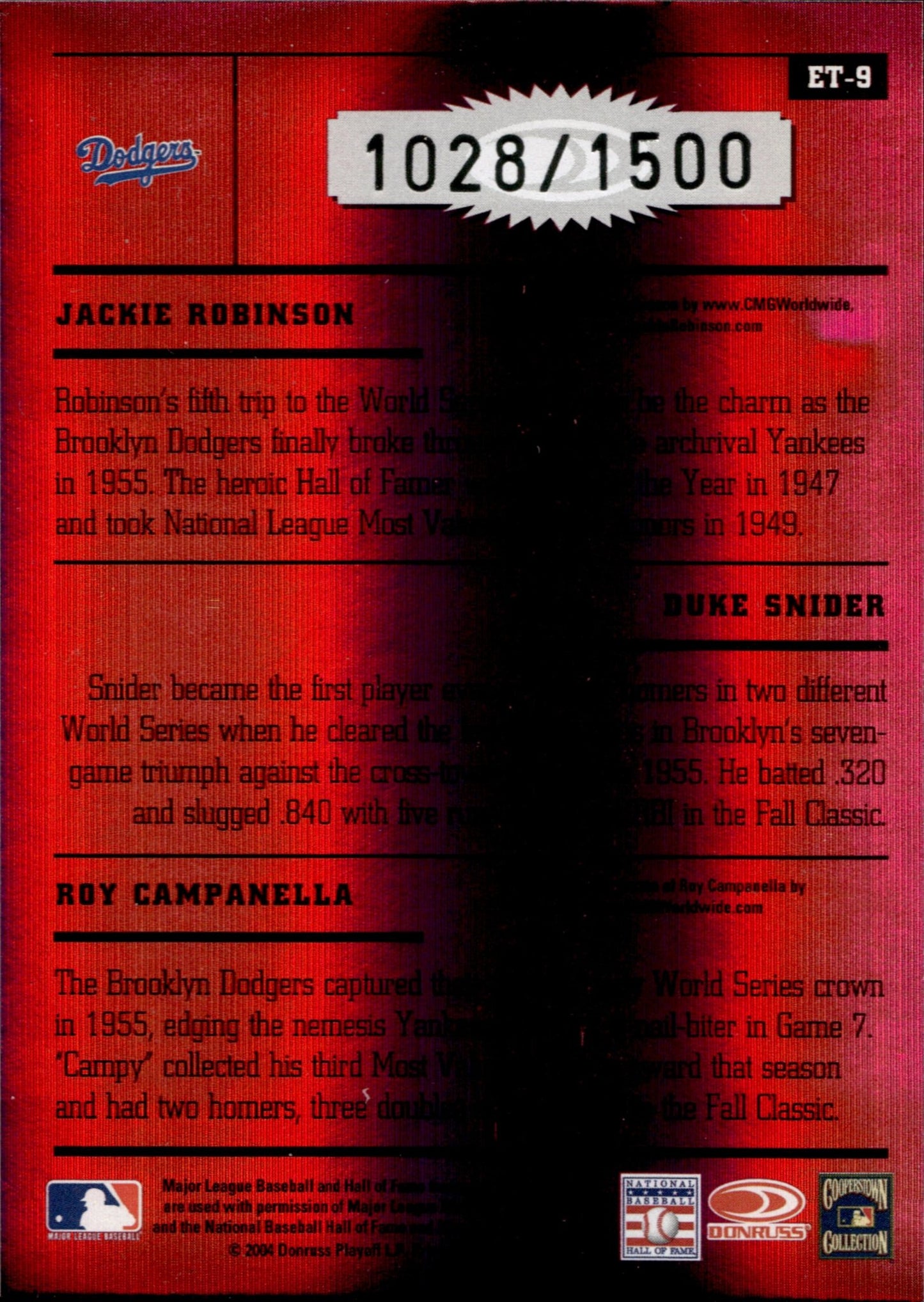 Robinson / Snider / Campanella 2004 Donruss Elite Team Red 1028/1500 #ET - 9 - Collector Store LLC