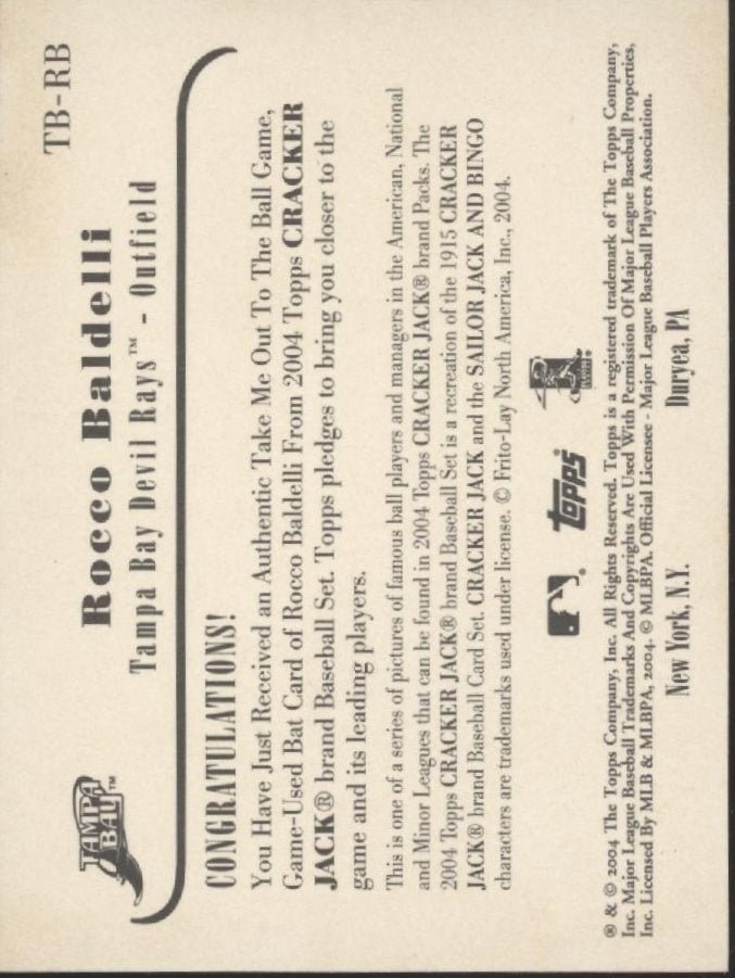 Rocco Baldelli 2004 Topps Cracker Jack Take Me Out to The Ball Game Bat Relic - Collector Store LLC