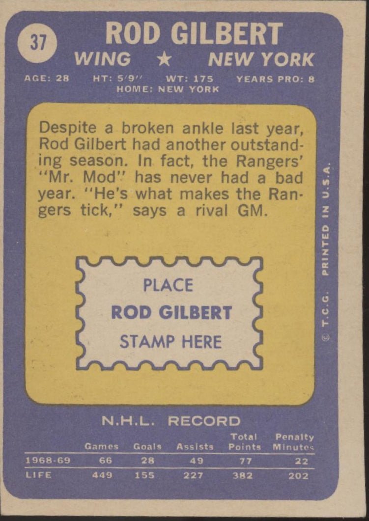 Rod Gilbert 1969 - 70 Topps #37 New York Rangers EX - Collector Store LLC