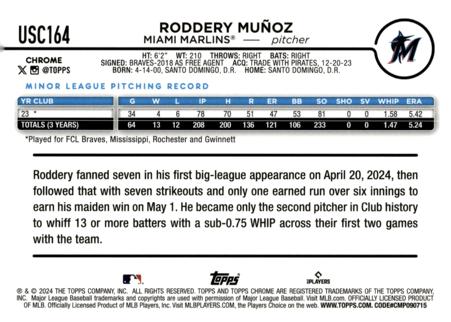 Roddery Munoz 2024 Topps Chrome Aqua Ray Wave Refractor RC 052/199 #USC164 - Collector Store LLC