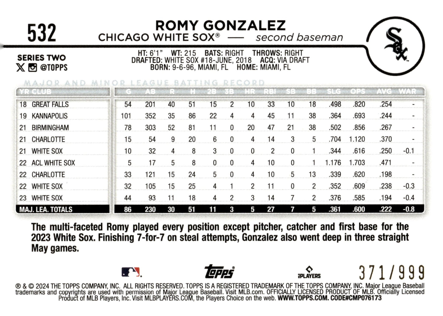 Romy Gonzalez 2024 Topps Series 2 Blue Foil 371/999 #532 - Collector Store LLC