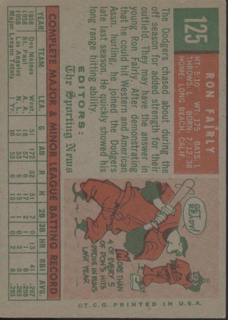 Ron Fairly 1959 Topps Sporting News RC #125 Los Angeles Dodgers VG - EX - Collector Store LLC