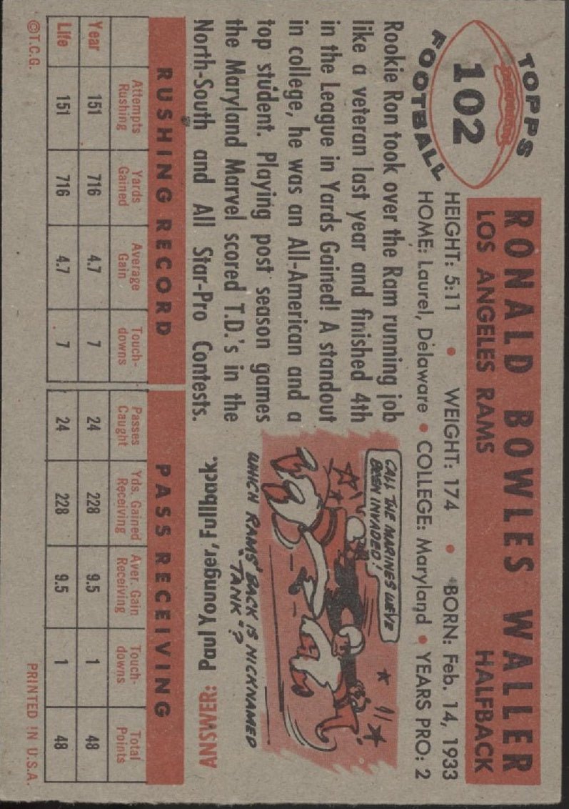 Ron Waller 1956 Topps RC #102 Los Angeles Rams EX - Collector Store LLC