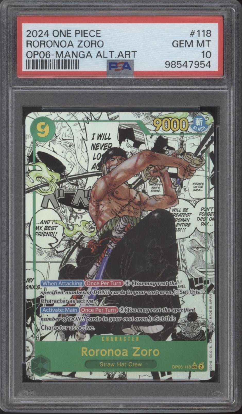 Roronoa Zoro One Piece Card Game Wings of the Captain Manga Alt Art #118 PSA 10 Roronoa Zoro One Piece Card Game Wings of the Captain Manga Alt Art #118 PSA 10