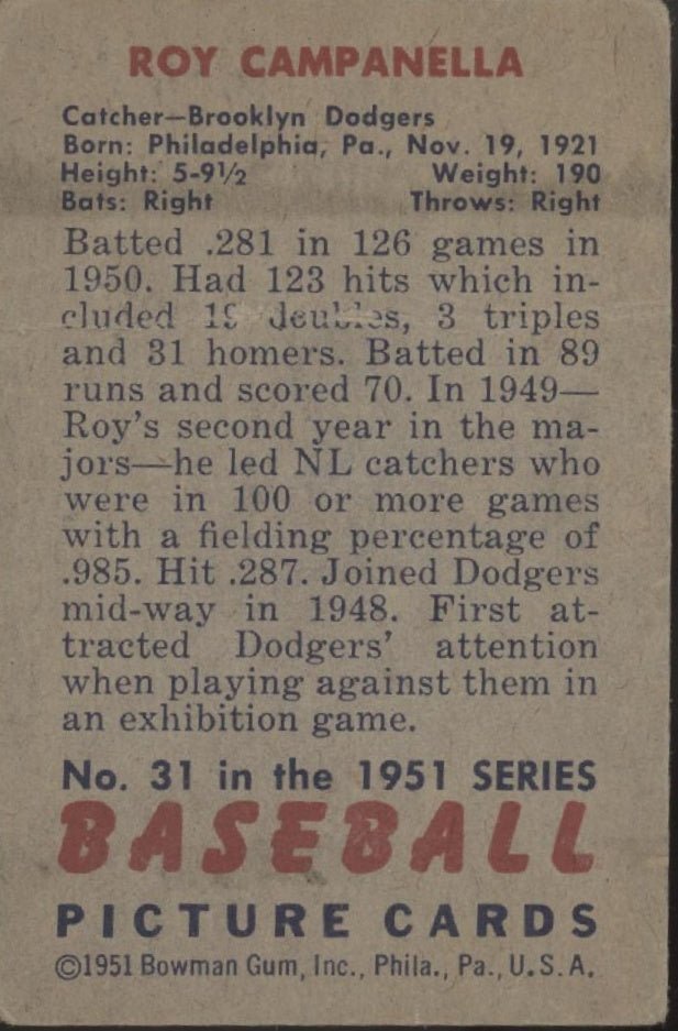 Roy Campanella 1951 Bowman #31 Brooklyn Dodgers PR - Collector Store LLC