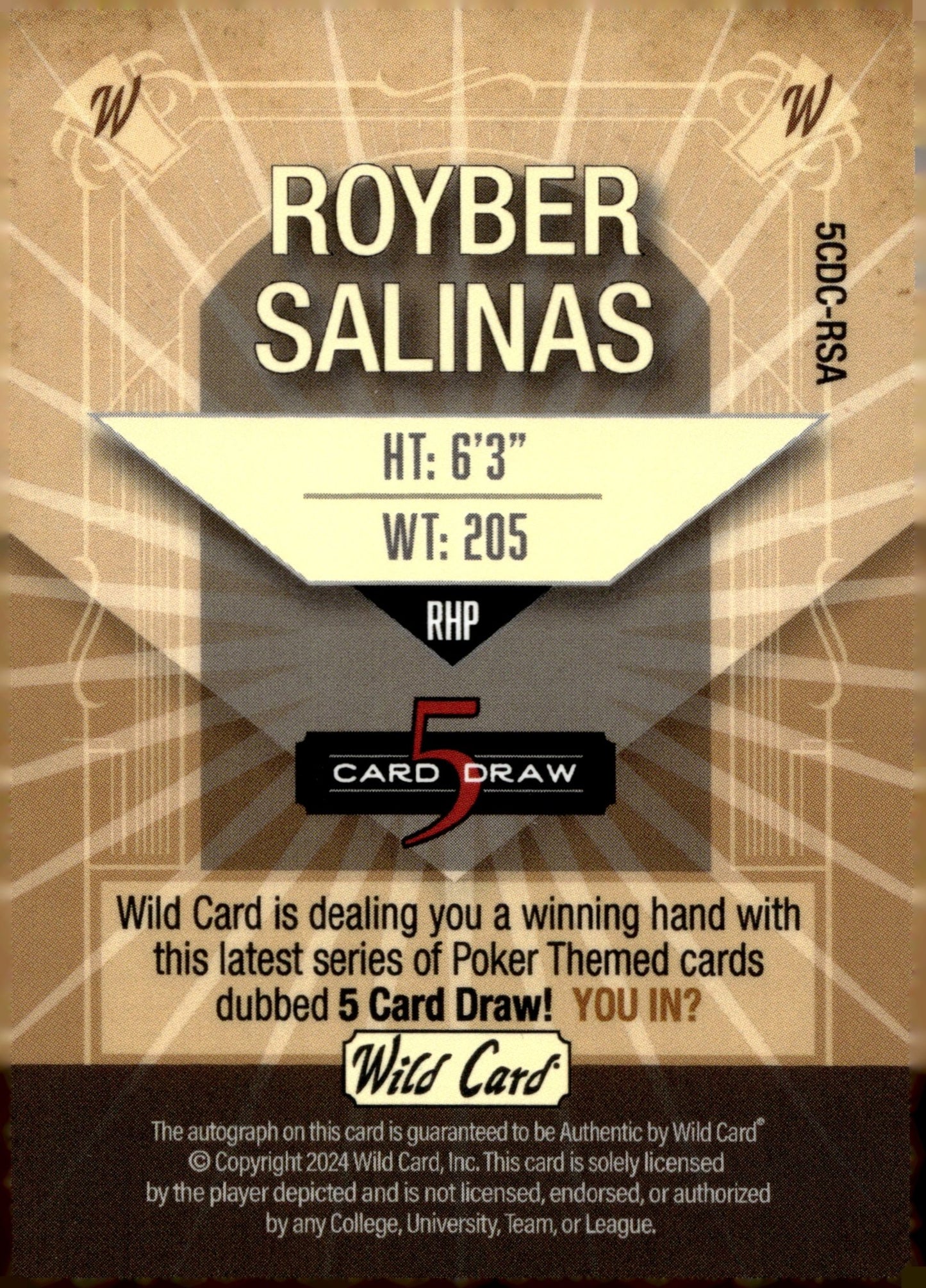 Royber Salinas 2024 Wild Card 5 Card Draw Green Auto 3/3 #5CDC - RSA - Collector Store LLC