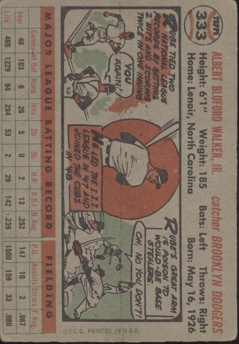 Rube Walker 1956 Topps #333 Brooklyn Dodgers VG - Collector Store LLC