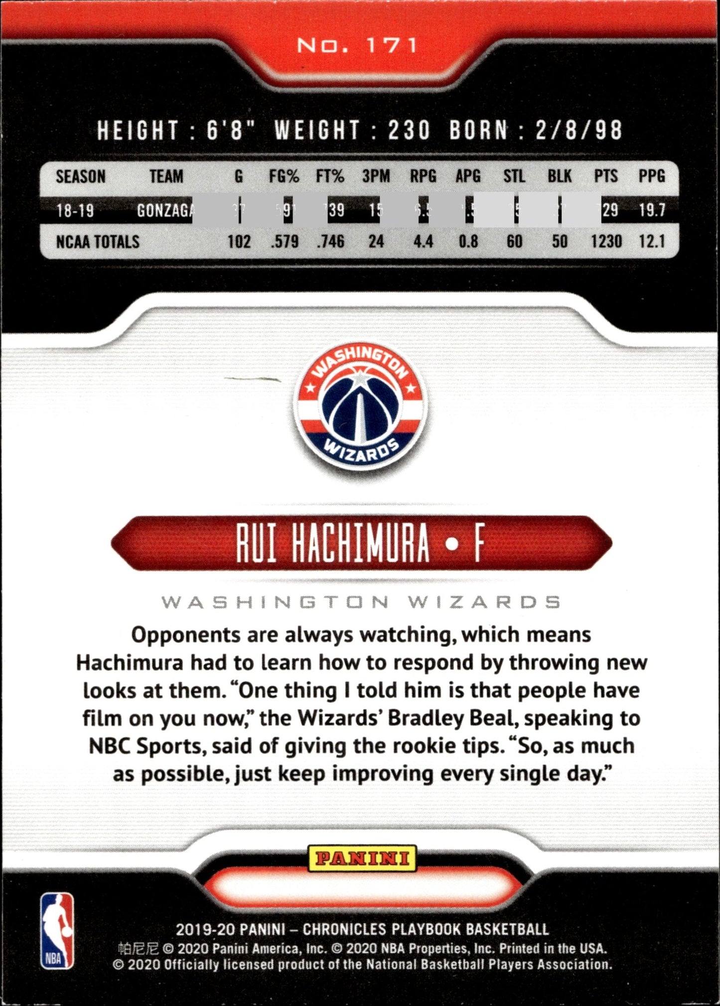 Rui Hachimura 2019 - 20 Panini Chronicles Playbook RC #171 #1 - Collector Store LLC