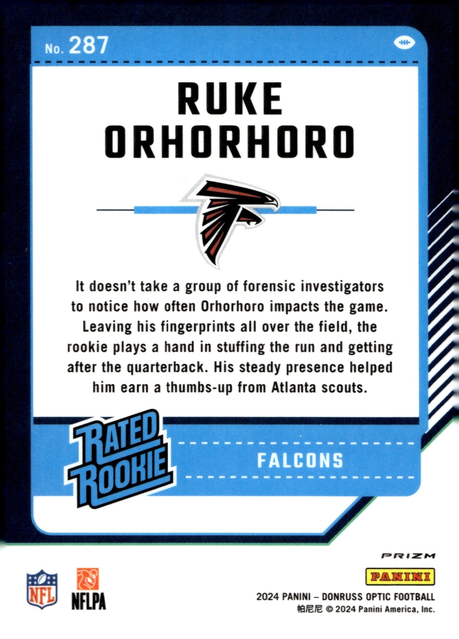 Ruke Orhorhoro 2024 Panini Donruss Optic Rated Rookie Blue Scope Prizm RC 287 - Collector Store LLC